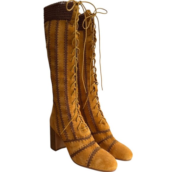 Silent D x Free People Blaire Suede Lace Up Knee High Boots Brown 39 Western - Picture 1 of 13